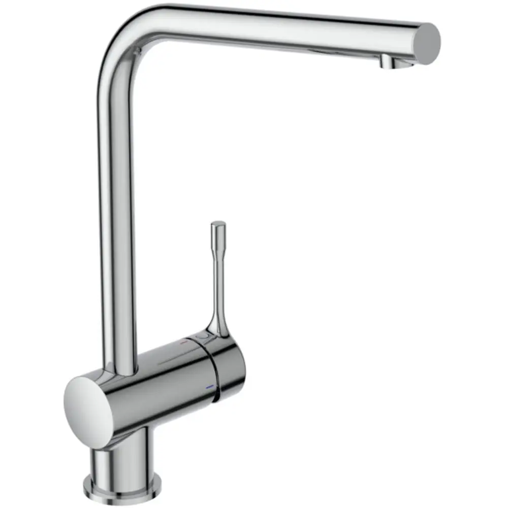 Küchenarmatur in Chrom von Ideal Standard mit hohem Auslauf. Der Griff zur Temperatur- und Wassermengenregulierung ist gut sichtbar.